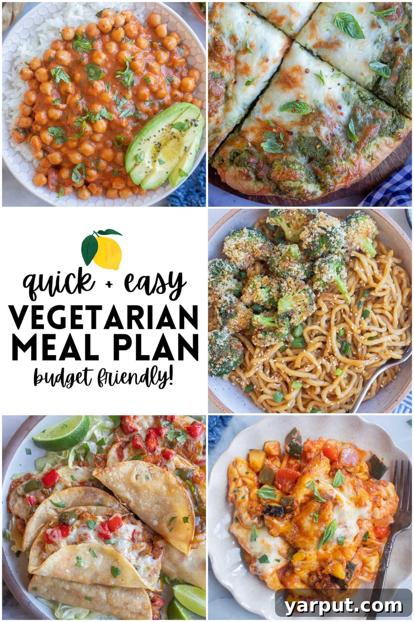 Effortless Meatless Meals: Week 5 Menu 2 A vibrant, fresh vegetarian meal plan spread out with various ingredients and dishes, inviting the reader to a week of easy cooking.