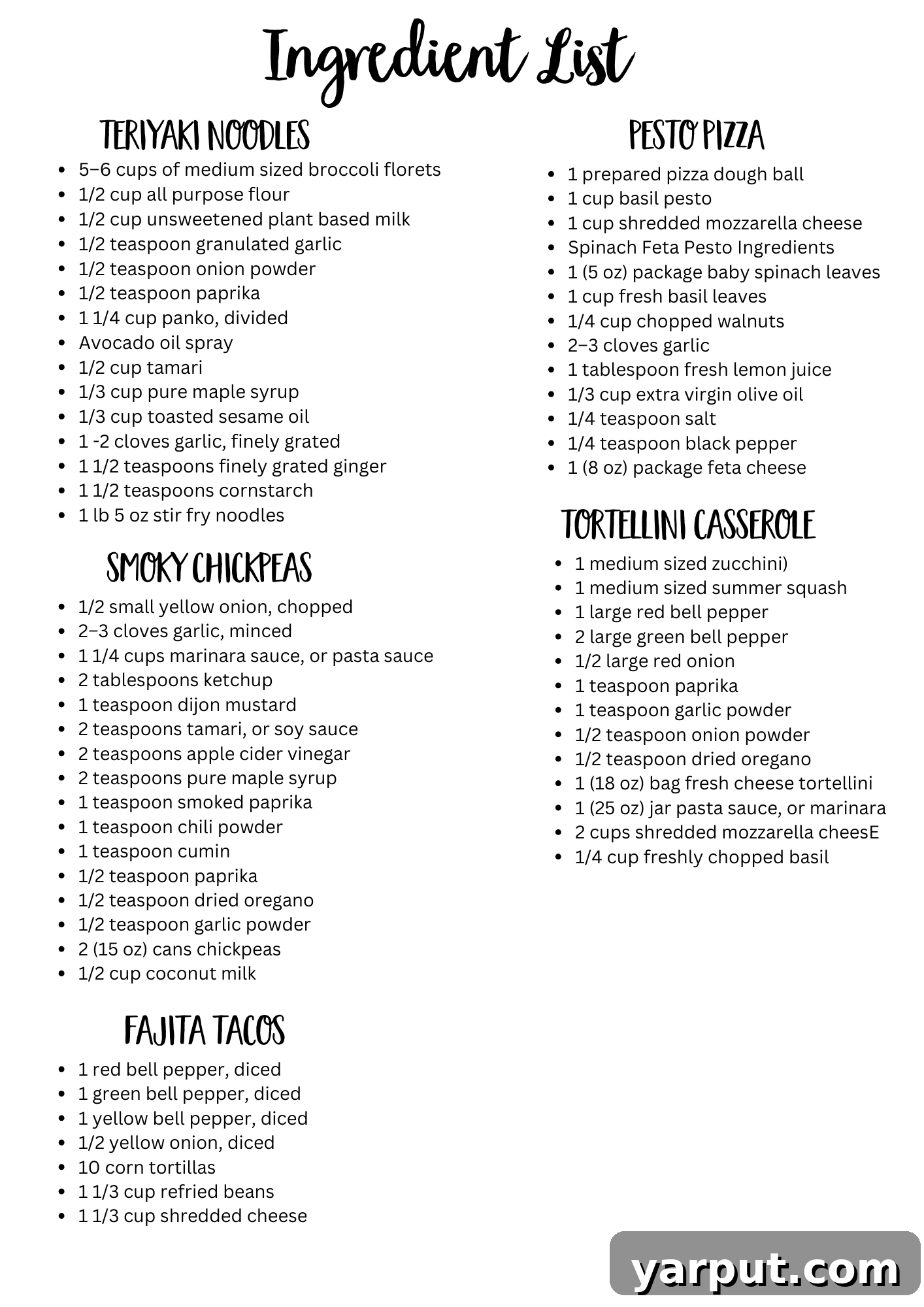 Effortless Meatless Meals: Week 5 Menu 8 A printable ingredient list for a week's worth of vegetarian meals, clearly organized for grocery shopping.