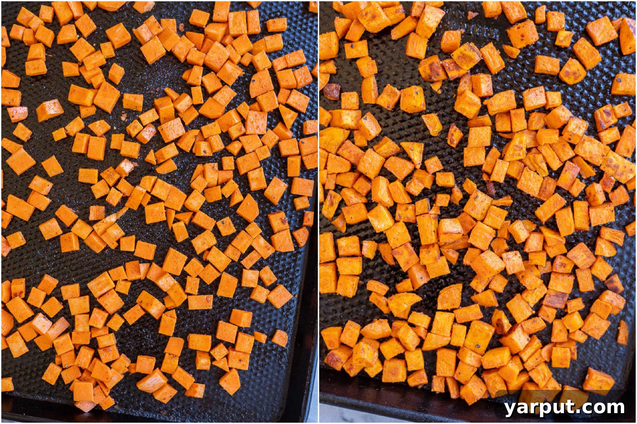 Diced sweet potato shown before and after roasting to perfect tenderness, ready to be added to the quinoa salad.