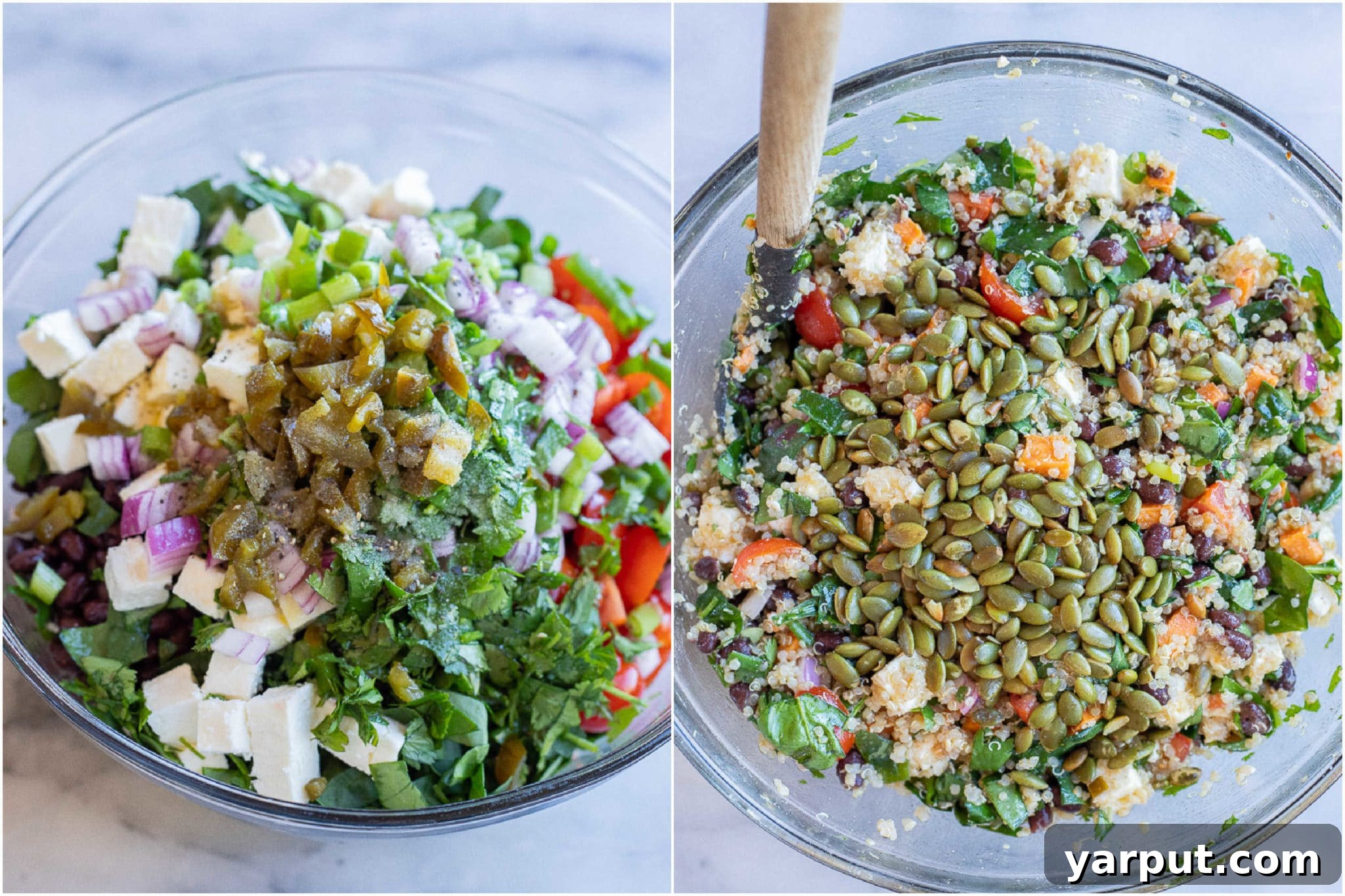 Large bowl filled with all the ingredients for Loaded Quinoa and Sweet Potato Salad, ready to be mixed.