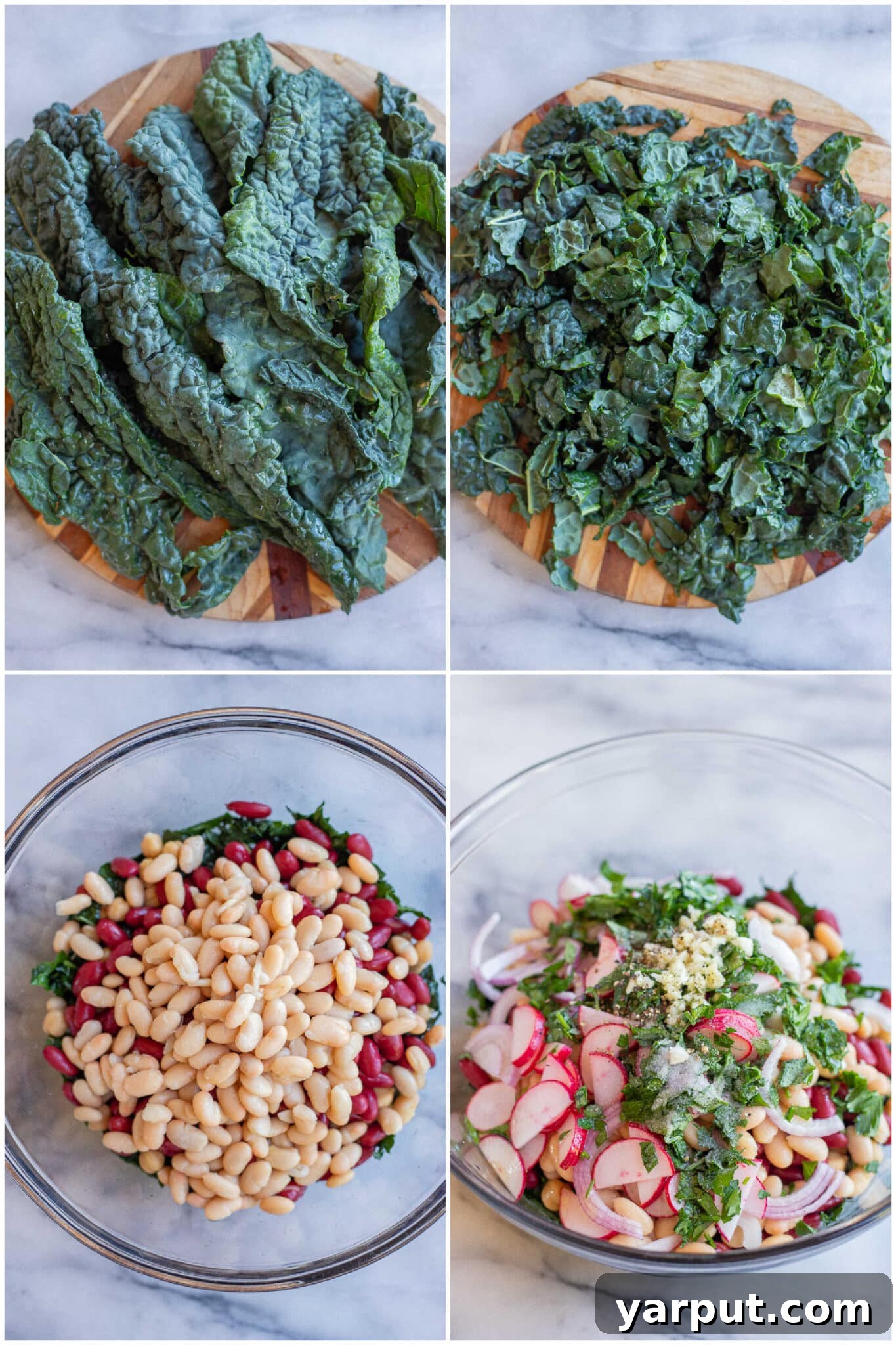 Vibrant Bean and Green Salad 3 Step-by-step preparation of Beans and Greens Salad, showcasing fresh kale, white beans, kidney beans, and chickpeas.