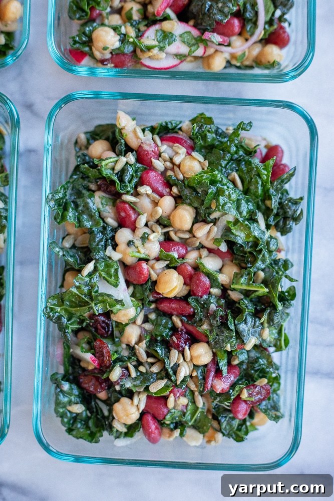 Vibrant Bean and Green Salad 6 Vegan meal prep lunch perfectly packed in a glass container, showcasing the Beans and Greens Salad for convenient healthy eating.