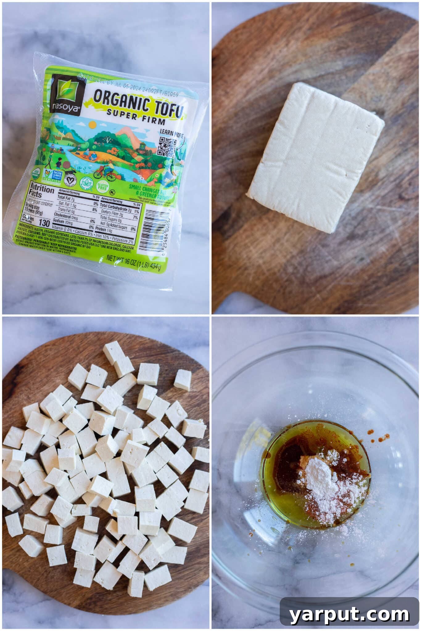 Quick and Delicious BBQ Tofu Sandwiches 3 Step-by-step preparation of tofu, showing pressed tofu being crumbled into bite-sized pieces for the BBQ sandwich recipe.