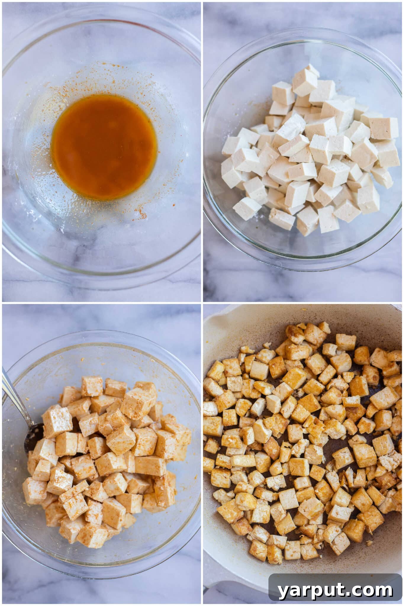 Quick and Delicious BBQ Tofu Sandwiches 4 Close-up showing seasoned tofu pieces sizzling in a pan, achieving a golden-brown and crispy texture for the BBQ Tofu Sandwiches.