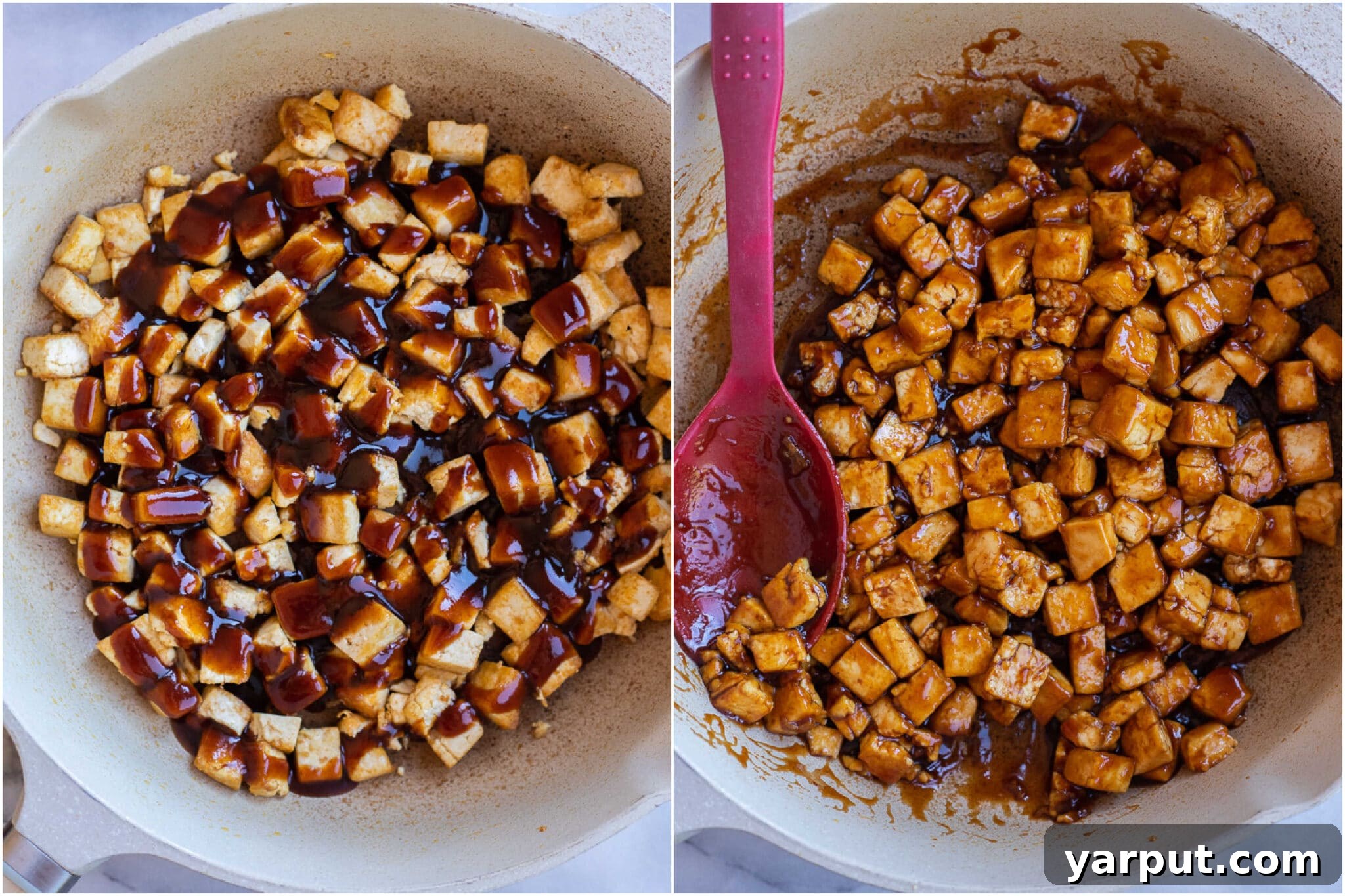 Quick and Delicious BBQ Tofu Sandwiches 5 Succulent BBQ tofu mixed in a pan, coated in rich sauce and ready to be served on sandwiches.