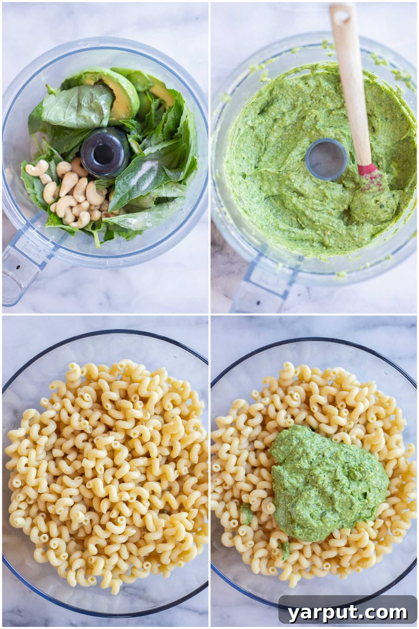 Pasta with Creamy Vegan Avocado Pesto 3 showing how to make avocado in a food processor and then adding it to cooked pasta