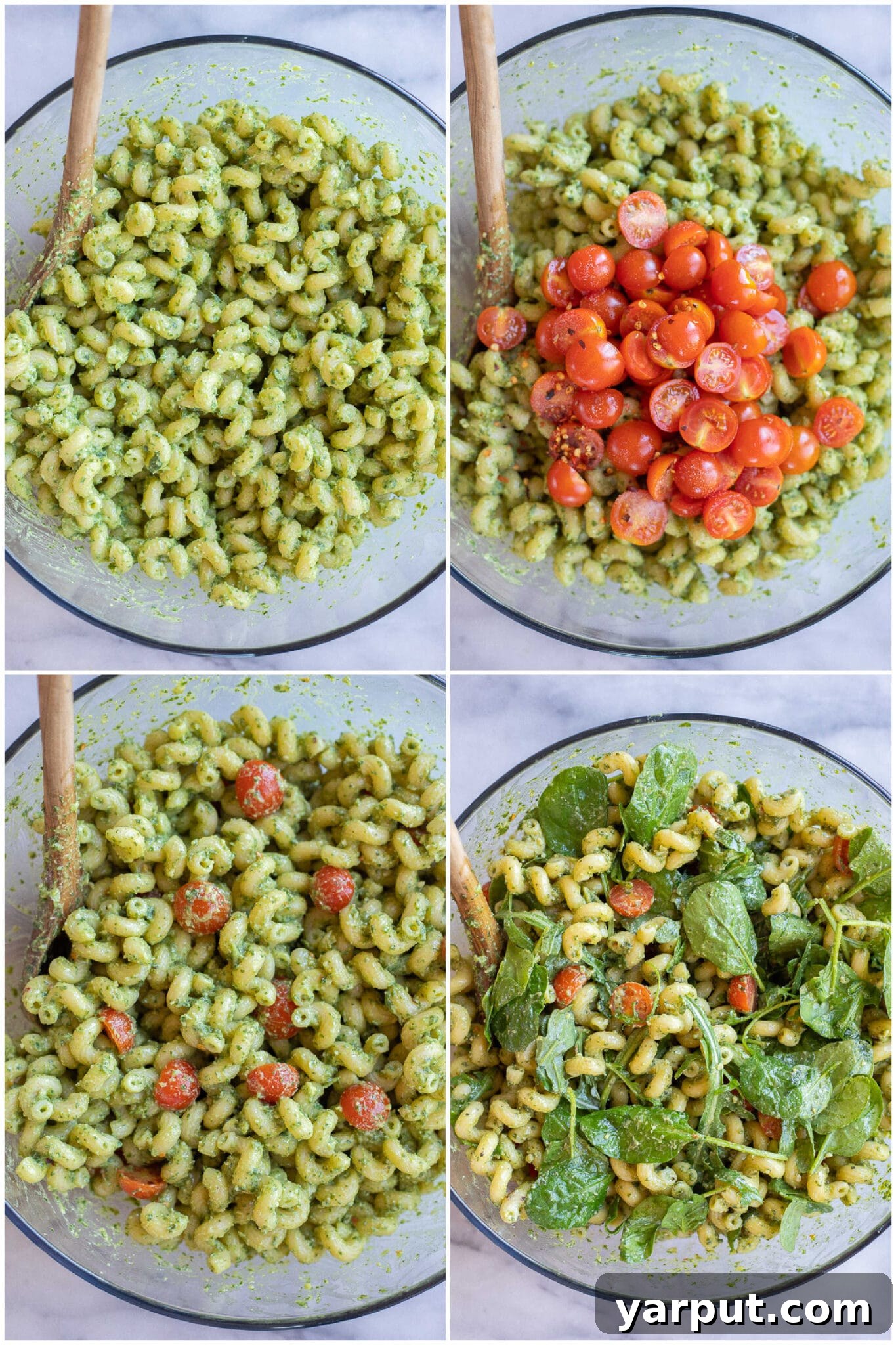 Pasta with Creamy Vegan Avocado Pesto 4 Cherry Tomatoes and spring greens being mixed into the avocado pesto pasta recipe