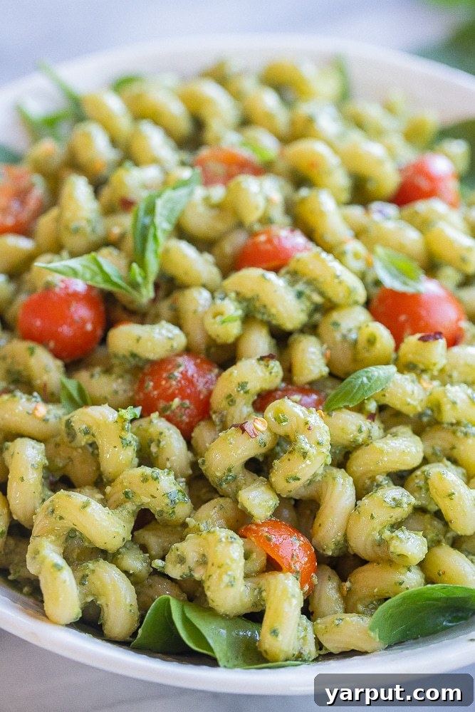 Pasta with Creamy Vegan Avocado Pesto 5 close up of a bowl of avocado pesto pasta