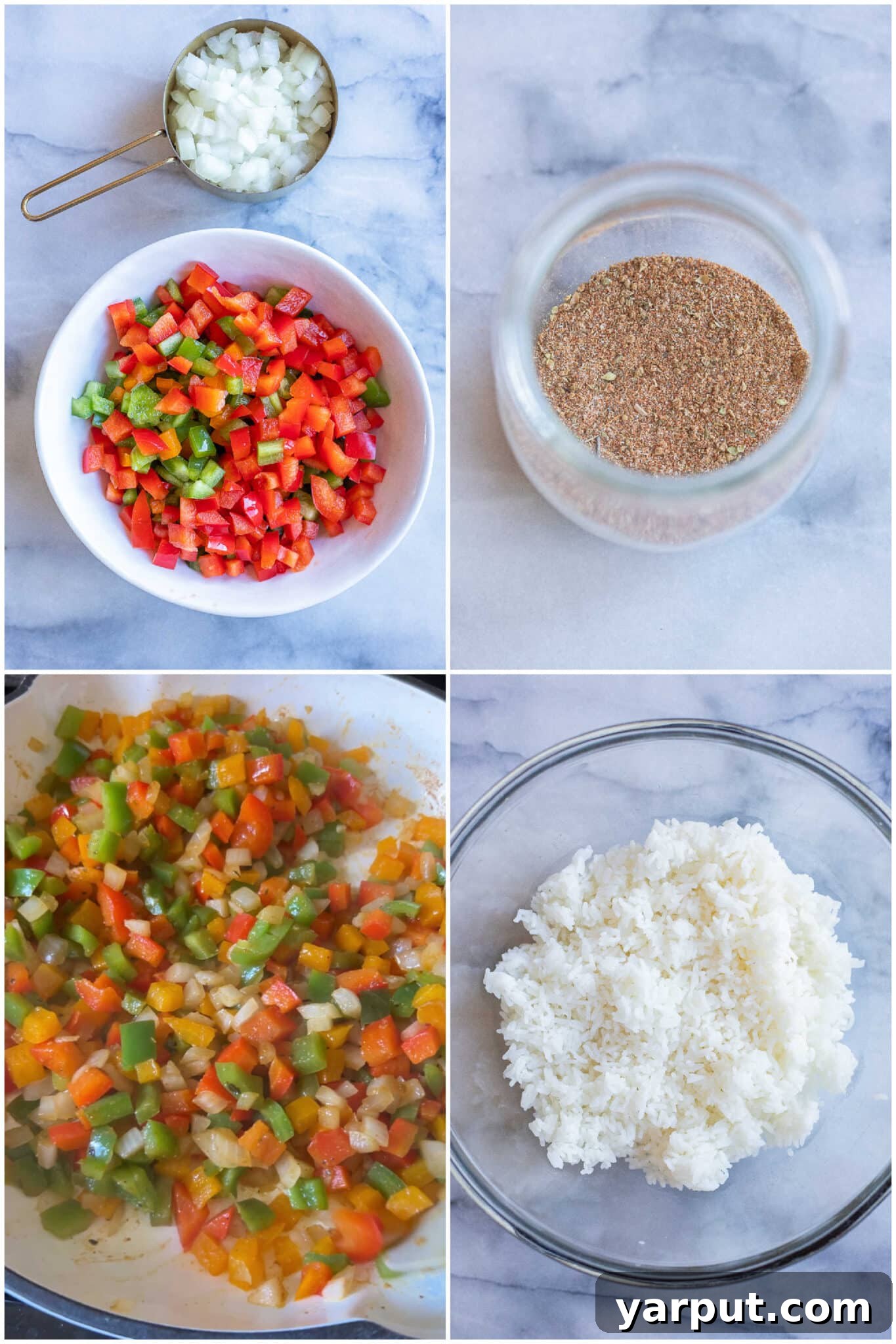 Spiced Veggie Fajita Rice Bake 3 showing how to make the fajita seasoning, cooked onions and peppers and rice