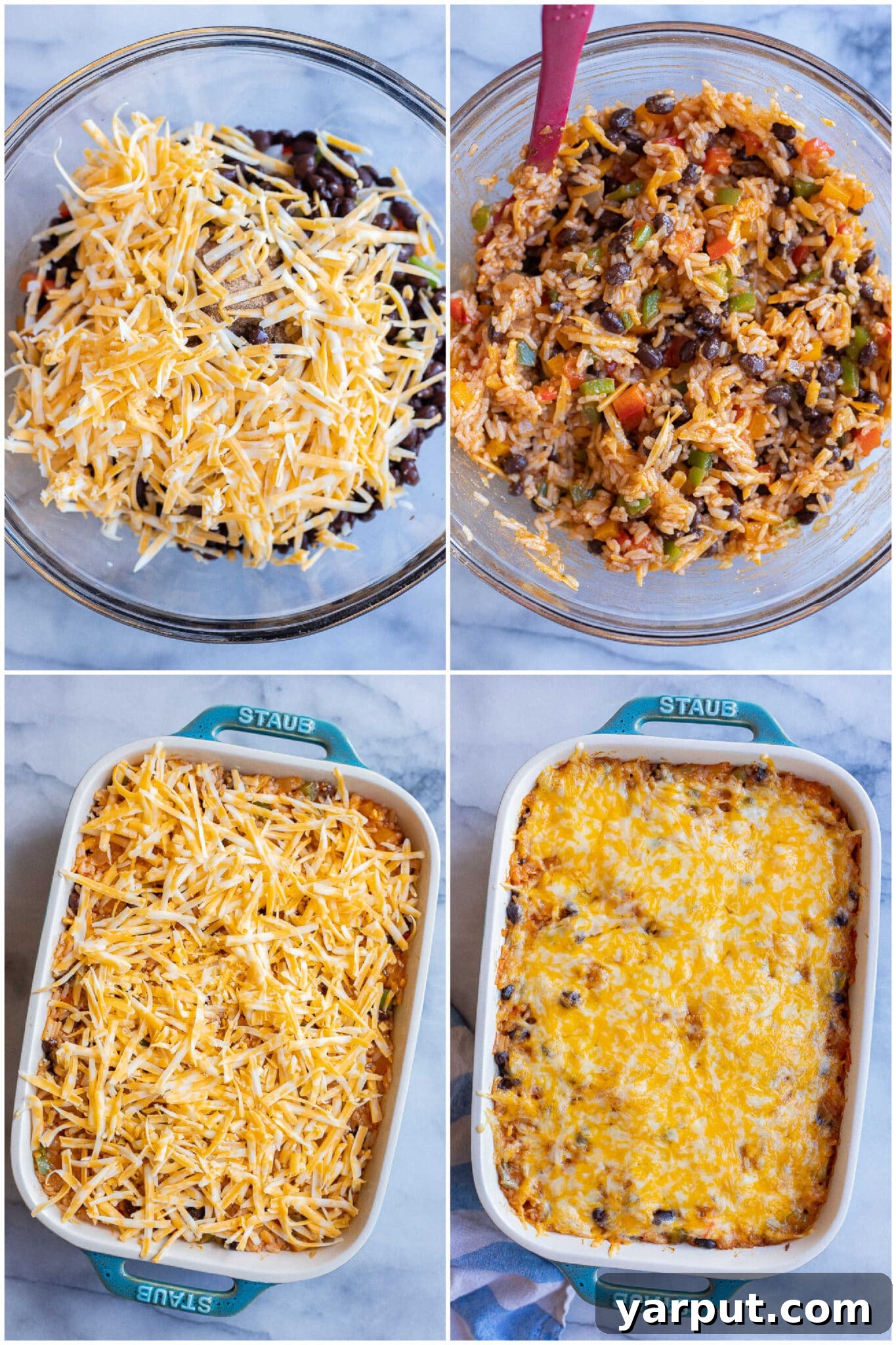 Spiced Veggie Fajita Rice Bake 4 showing how to assemble and bake this vegetarian fajita rice casserole