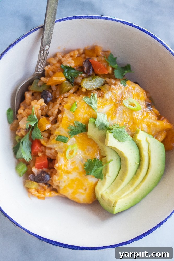 Spiced Veggie Fajita Rice Bake 6 close up of a bowl of easy fajita casserole with rice