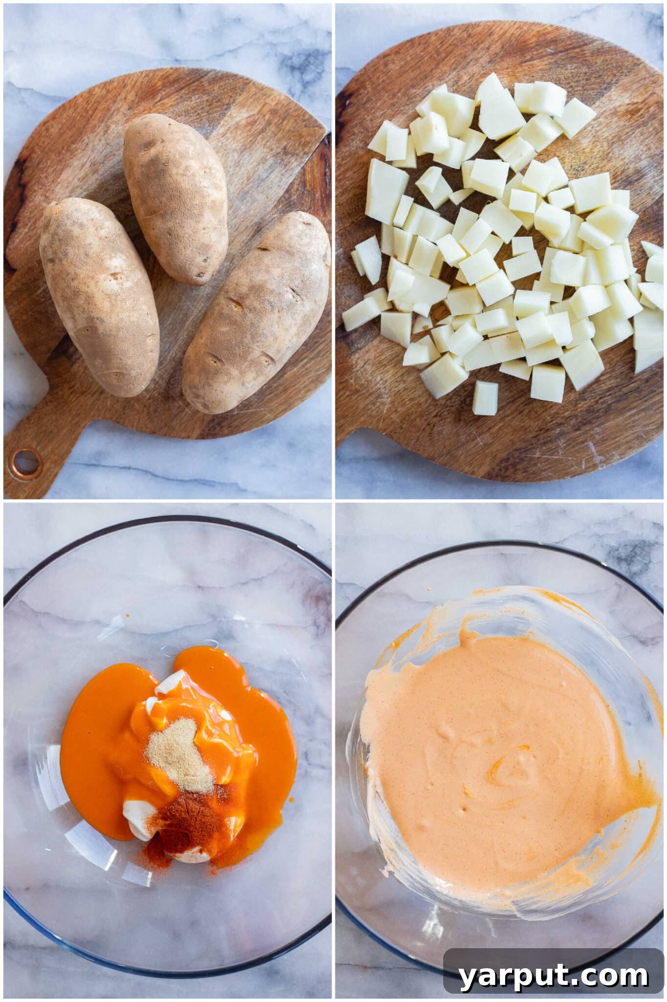 showing how to cut potatoes for potato salad and make buffalo dressing from scratch