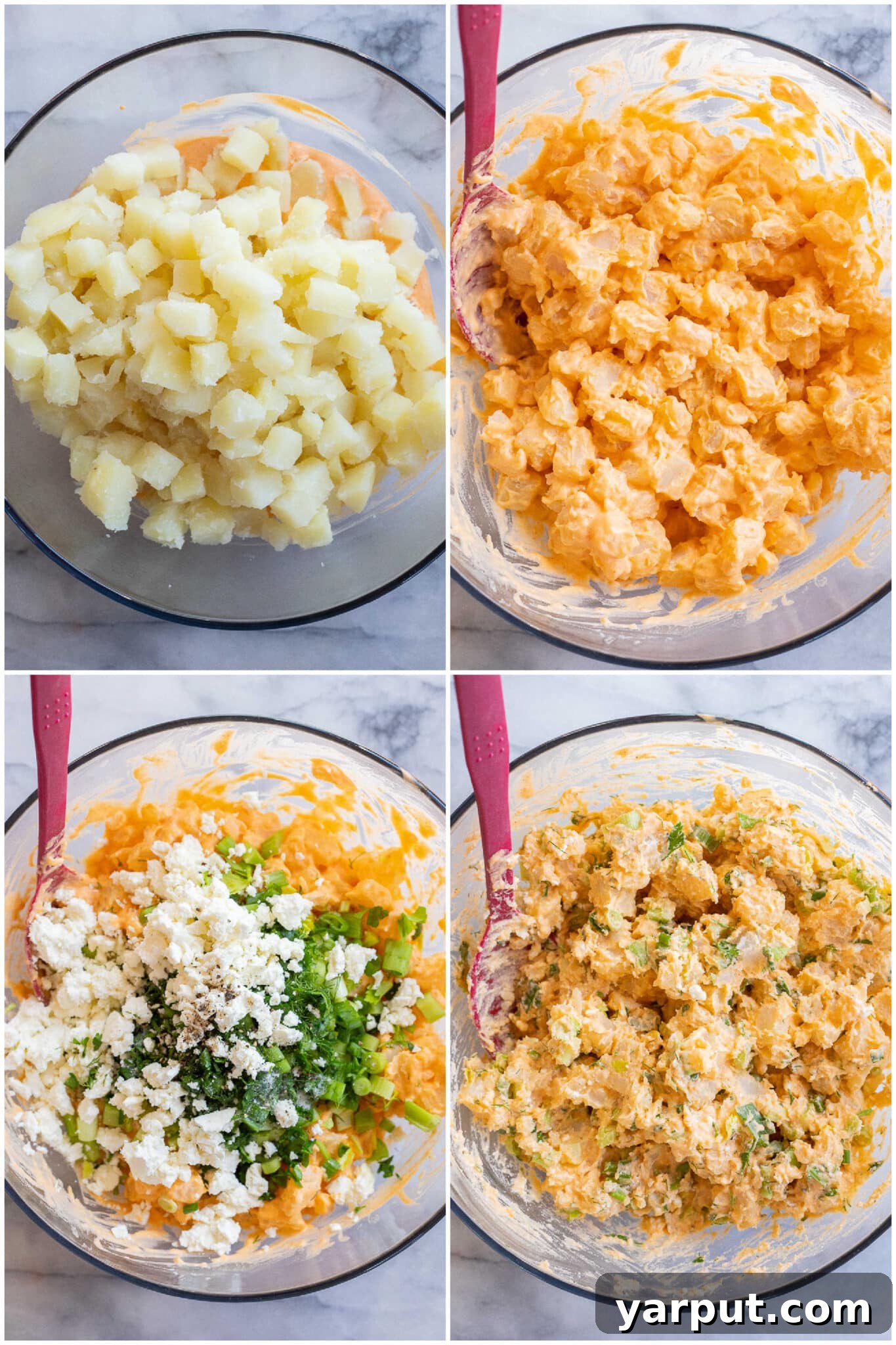 showing how to make buffalo potato salad by mixing ingredients in a bowl