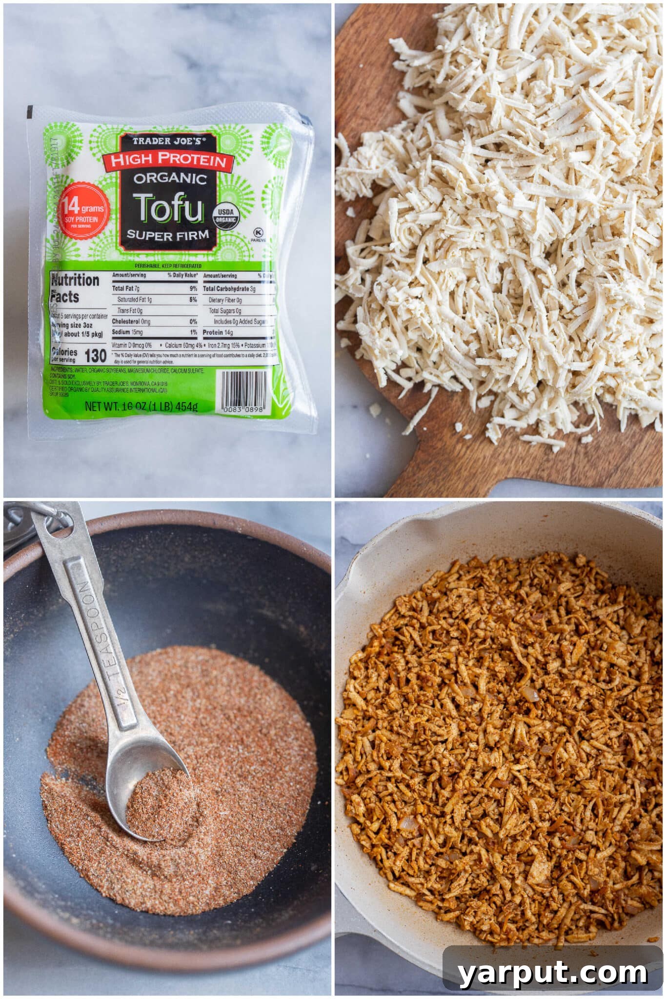 Zesty Tofu Crumble Nacho Platter 3 Step-by-step process showing how to season and shred super firm tofu for nachos