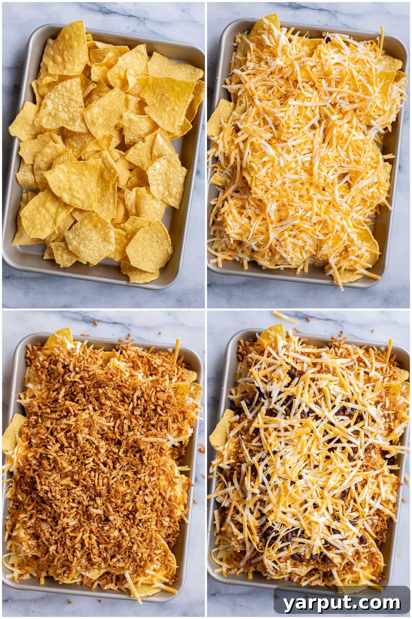 Zesty Tofu Crumble Nacho Platter 4 Easy shredded tofu nachos recipe featuring black beans and melted cheese on a baking sheet