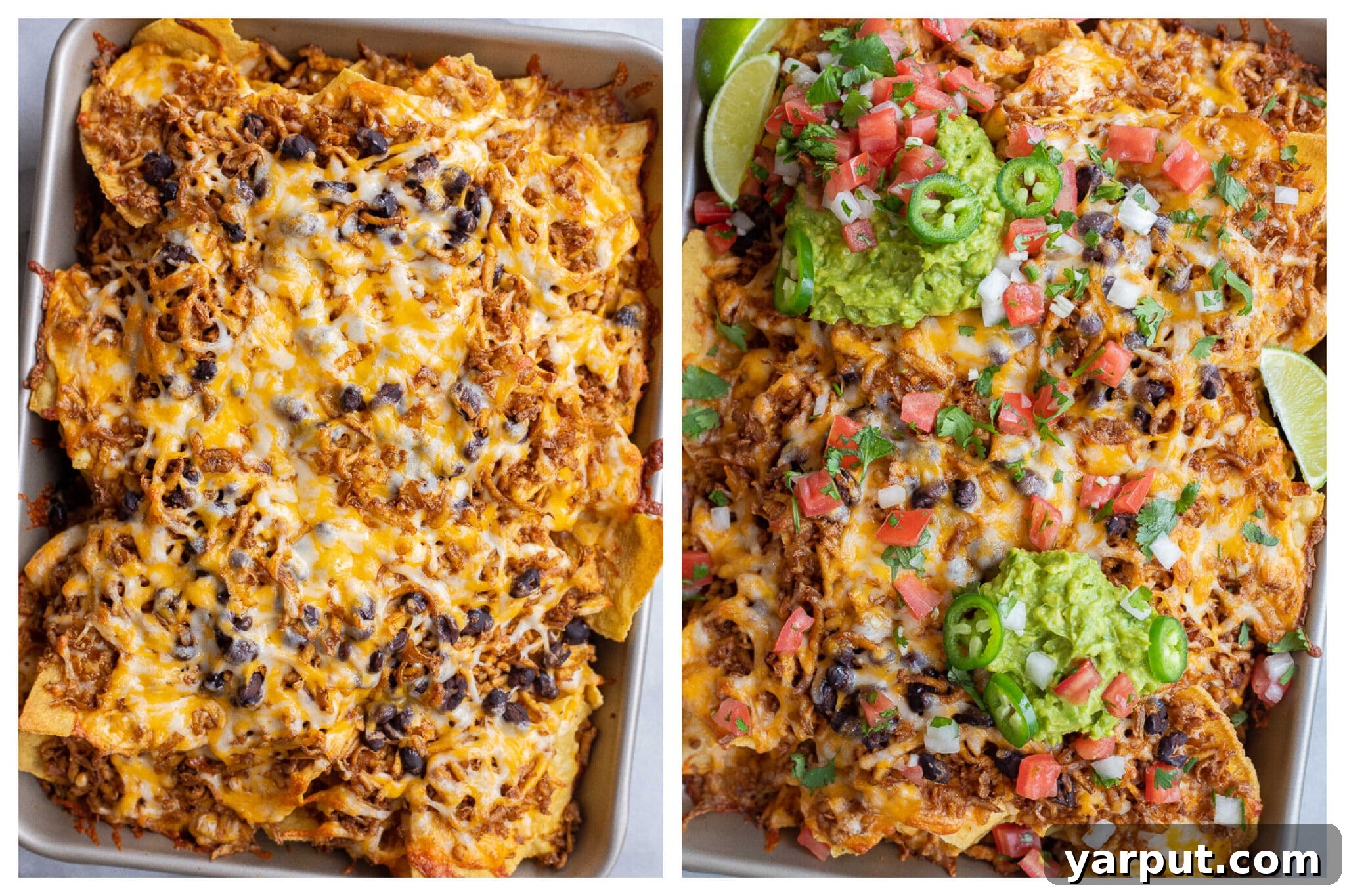 Zesty Tofu Crumble Nacho Platter 5 Vegetarian sheet pan nachos with shredded tofu, topped with fresh guacamole and various vegetables
