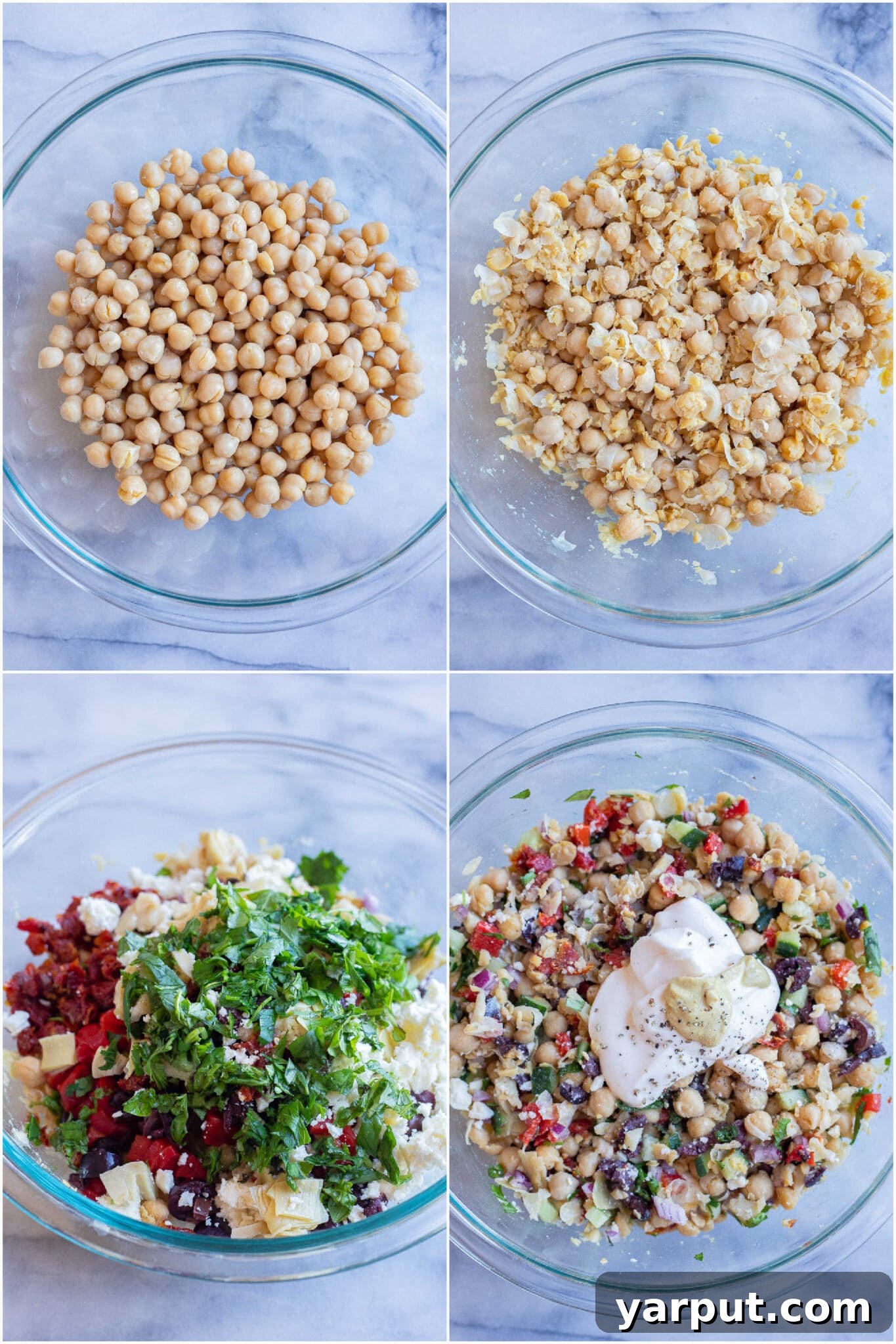 Grecian Chickpea Toasties 3 Demonstrating how to prepare the easy Greek-inspired chickpea salad, showing mashed chickpeas and various fresh ingredients in a bowl.