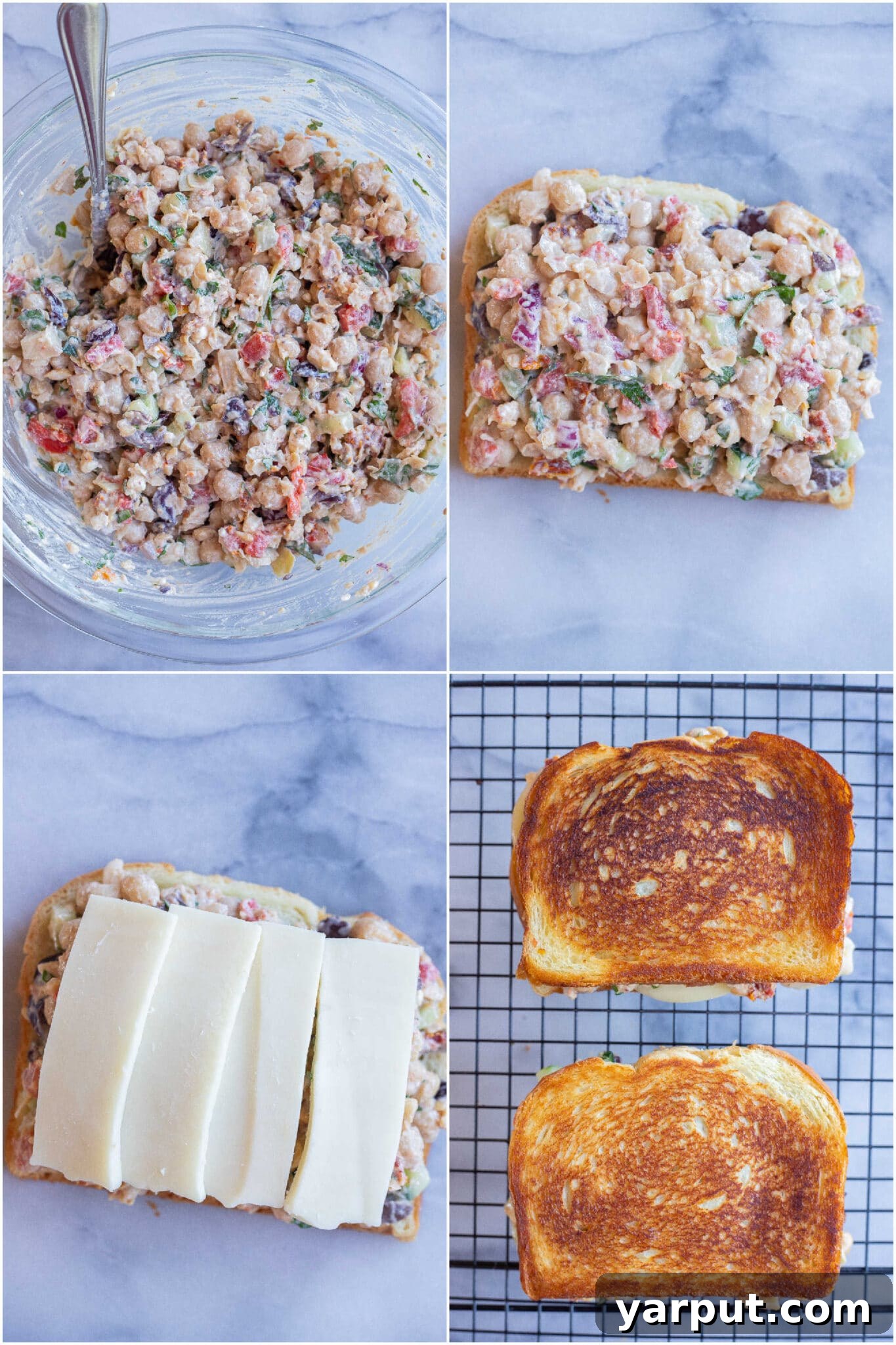 Grecian Chickpea Toasties 4 Showing the step-by-step process of assembling a Greek chickpea salad melt, from spreading the salad to adding cheese and bread.