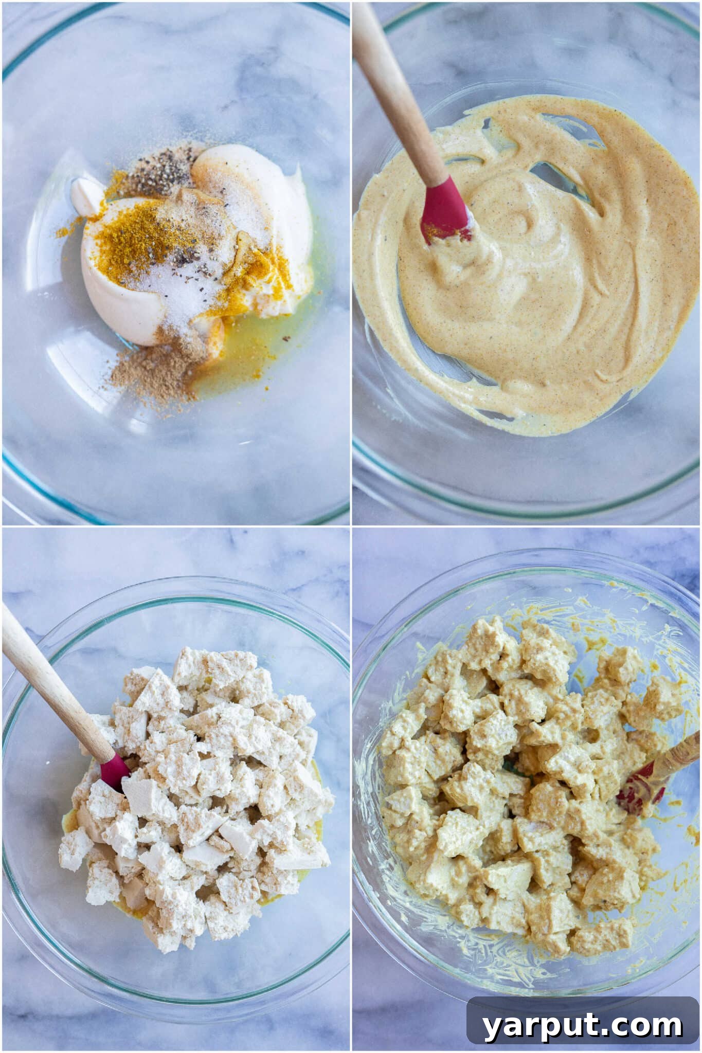 showing how to make the creamy curry dressing and chunk up the tofu to add in