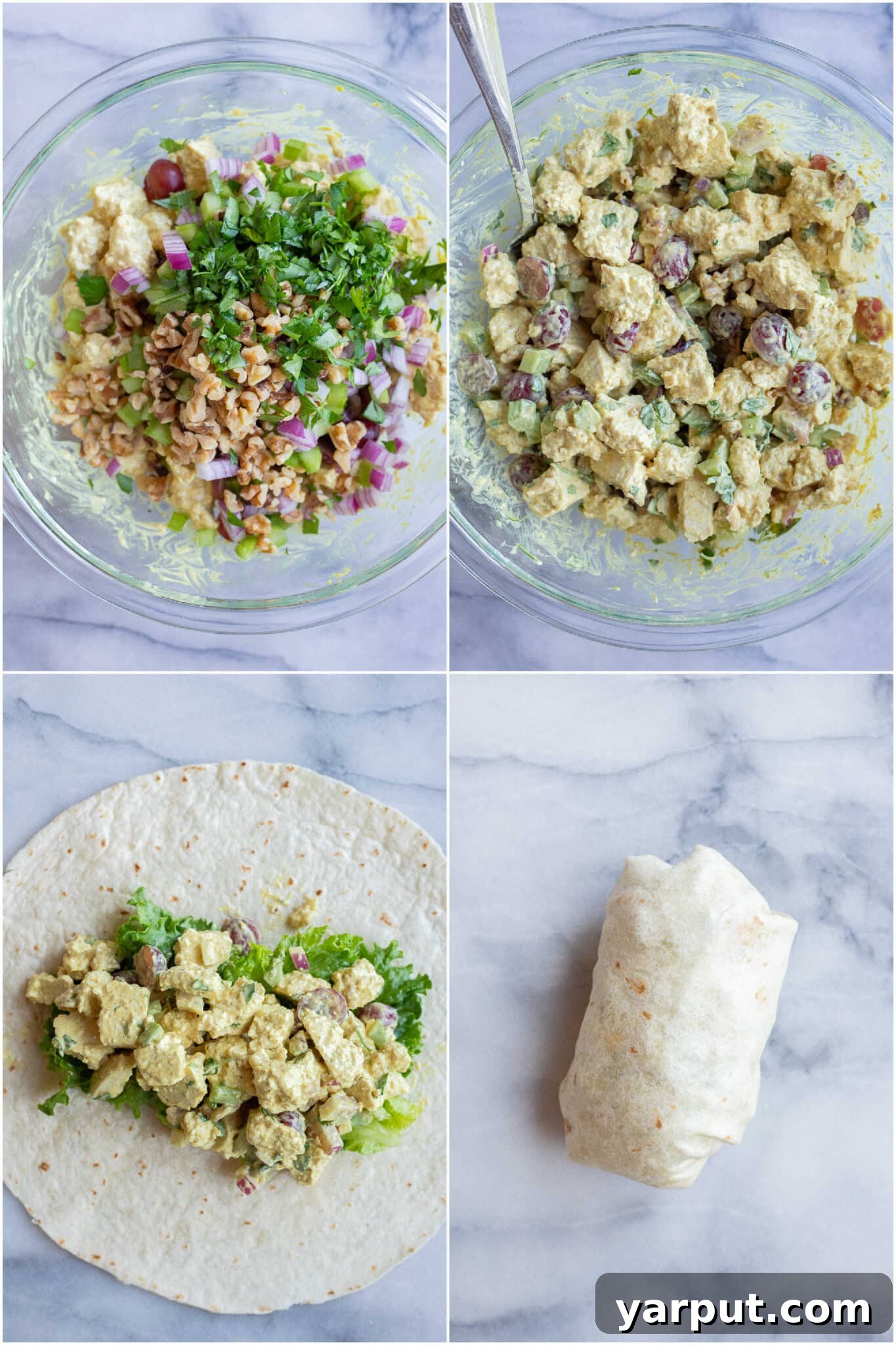 curried tofu salad before and after it has been mixed together in a bowl and put into a large tortilla wrap