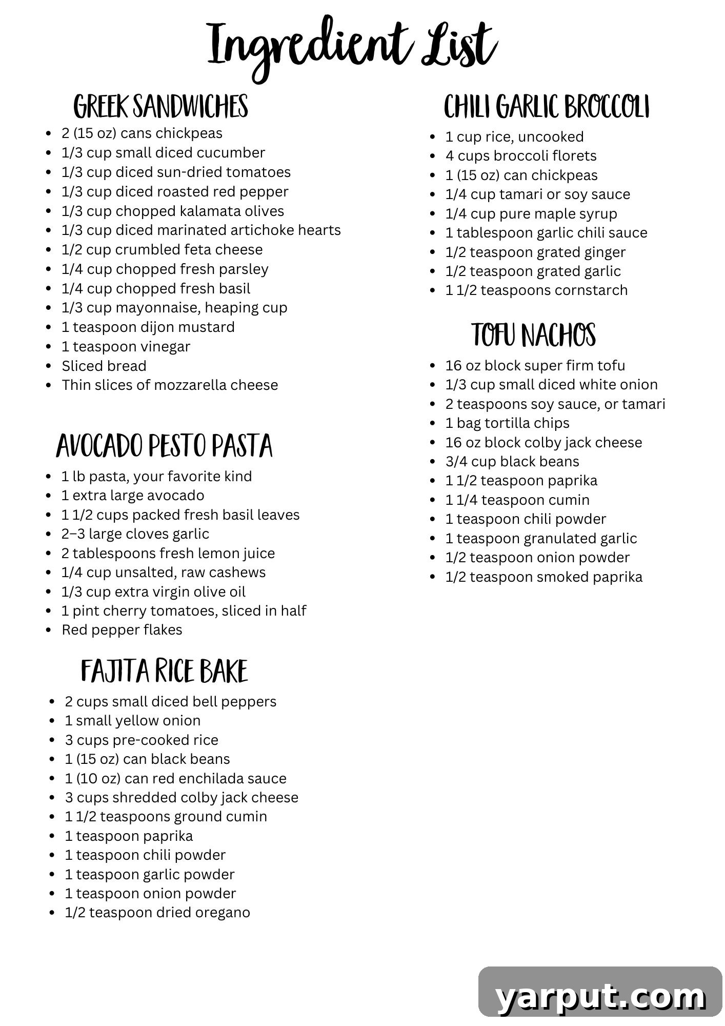Plant-Powered Week Six Meal Guide 8 Printable ingredient list for the weekly vegetarian meal plan