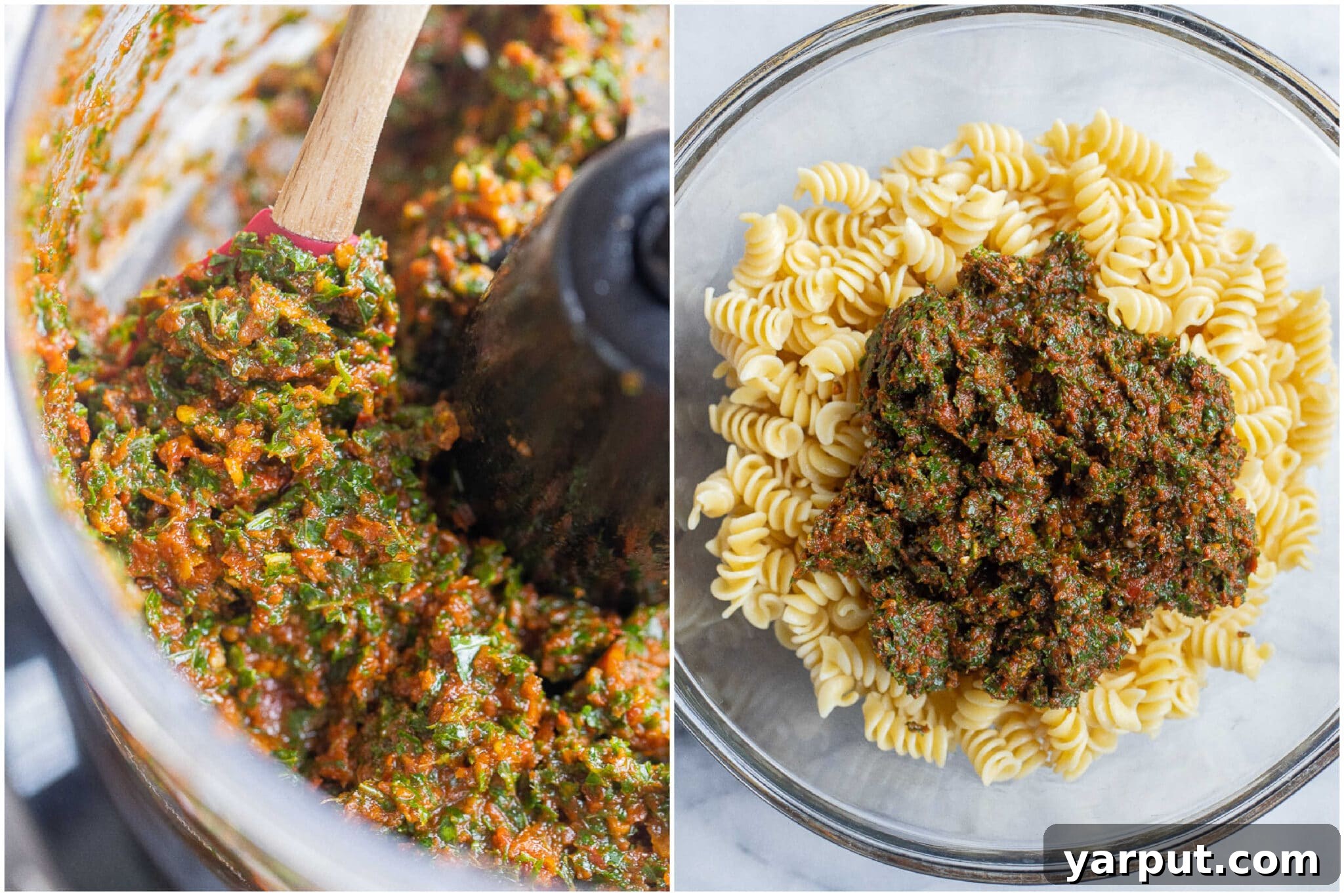 Zesty Sun-Dried Tomato Pasta with Fresh Kale and Feta 4 sun-dried tomato pesto being prepared in a food processor and then mixed into cooked rotini pasta