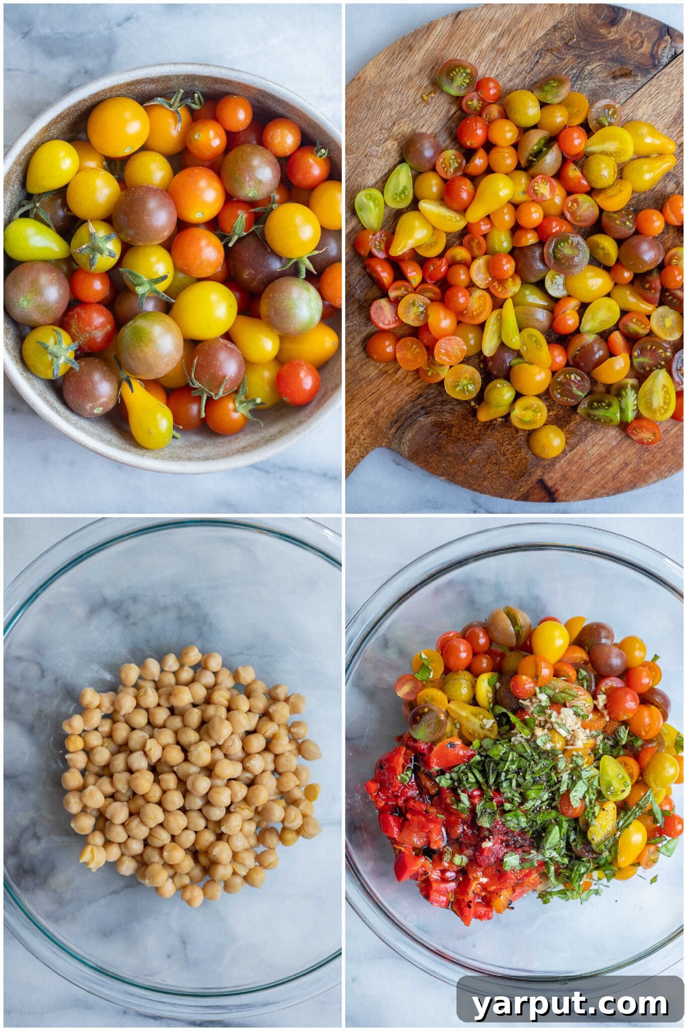 Caprese Quinoa Power Bowls 3 Detailed shot illustrating the simple preparation of Caprese chickpea salad in a large mixing bowl.