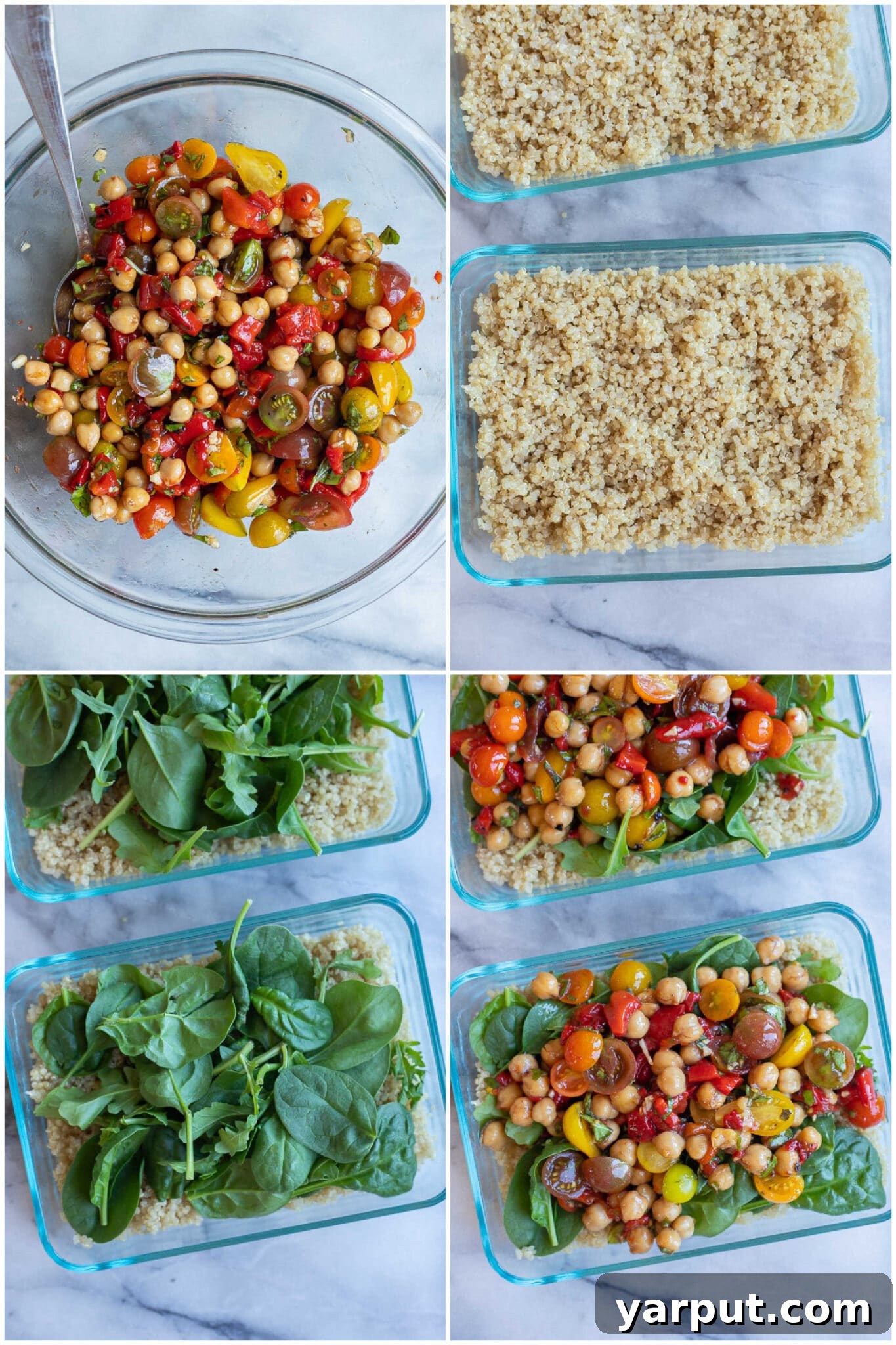 Caprese Quinoa Power Bowls 4 Assembly process of Caprese Quinoa Salad Lunch Bowls, showing fresh greens being added to the base.