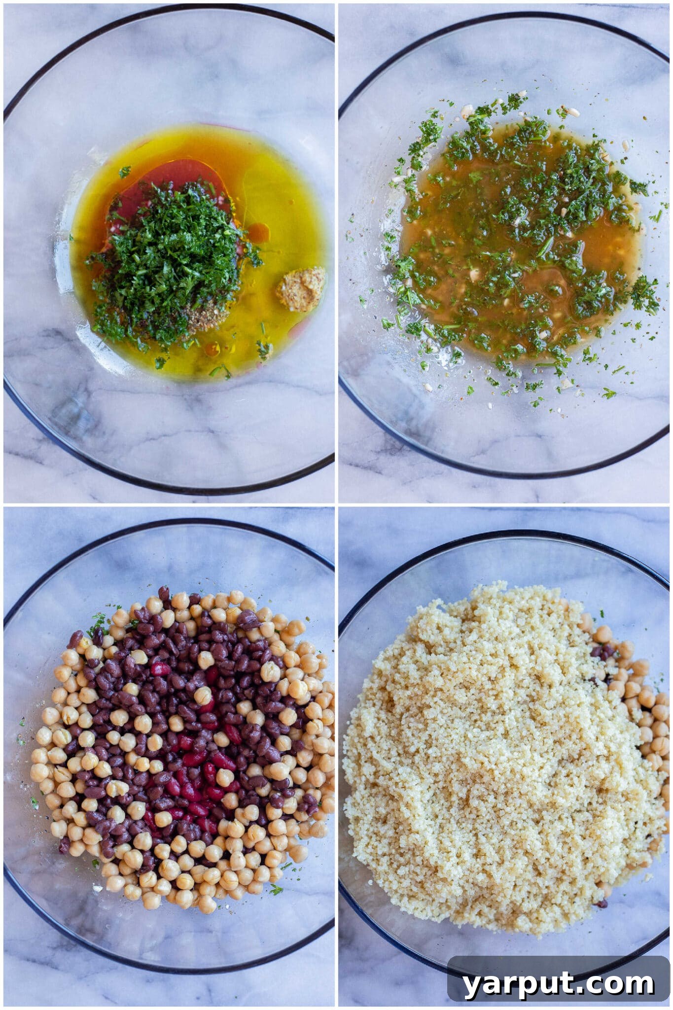 Protein Power Three Bean Quinoa Bowl 3 showing how to make the dressing and then adding in the beans and quinoa