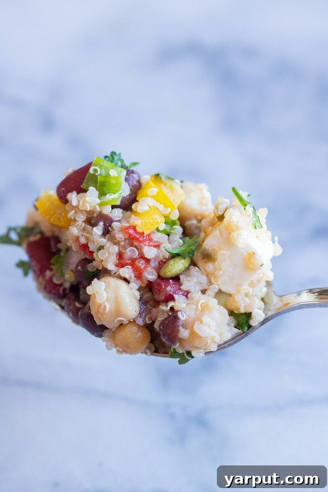Protein Power Three Bean Quinoa Bowl 5 spoon filled with three bean quinoa salad