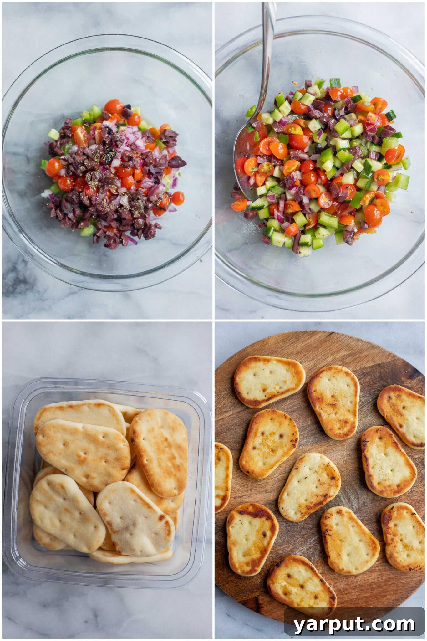 Zesty Greek Naan Nibblers with Hummus 3 A step-by-step visual of preparing the fresh Greek salad ingredients and pan-frying the mini naan bread pieces until golden brown and ready for assembly.