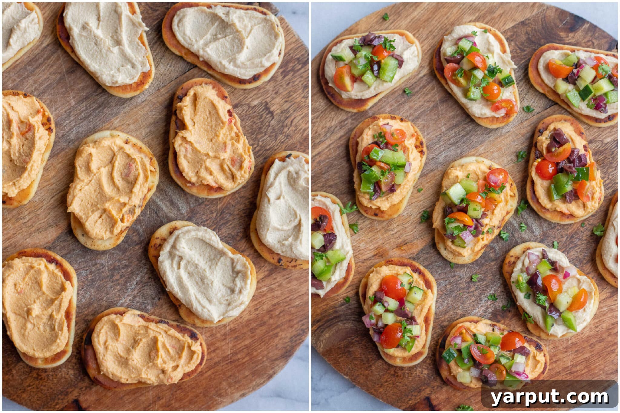 Zesty Greek Naan Nibblers with Hummus 4 A vibrant display of freshly prepared Greek Salad Naan Bites with creamy hummus and colorful vegetables, arranged invitingly on a serving platter.