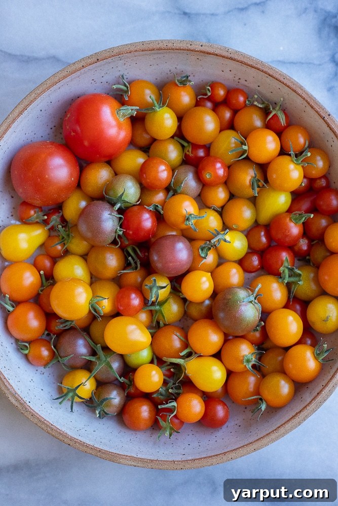 A rustic bowl filled to the brim with freshly picked red cherry tomatoes, showcasing the abundant harvest from a home garden.