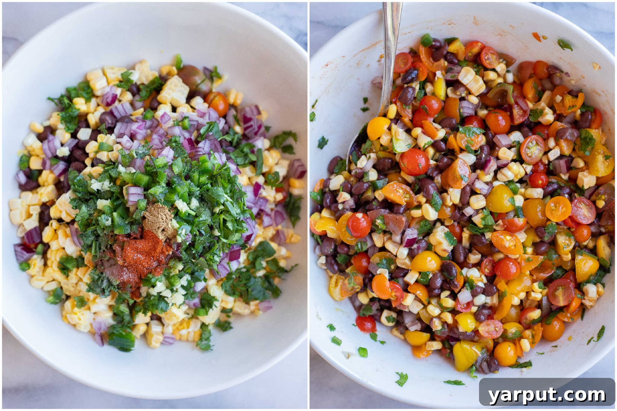 Step-by-step image illustrating the process of making black bean and corn salsa, showing chopped vegetables in a bowl before mixing.
