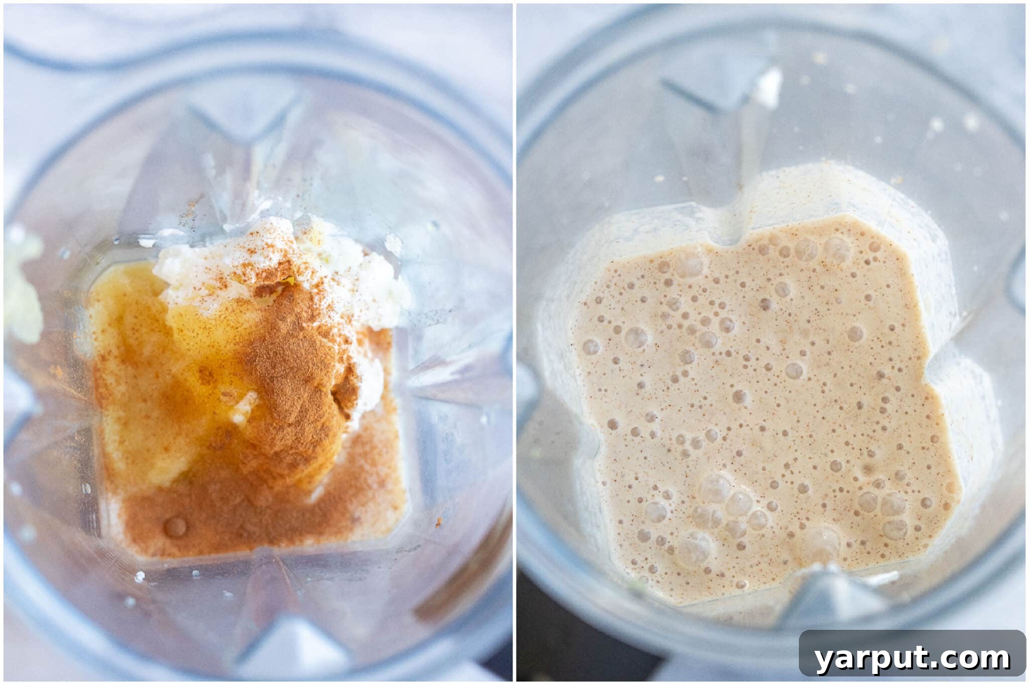 Luscious Caramel Apple Smoothie 4 A blender filled with the creamy mixture of a caramelized apple smoothie, illustrating the blending process.