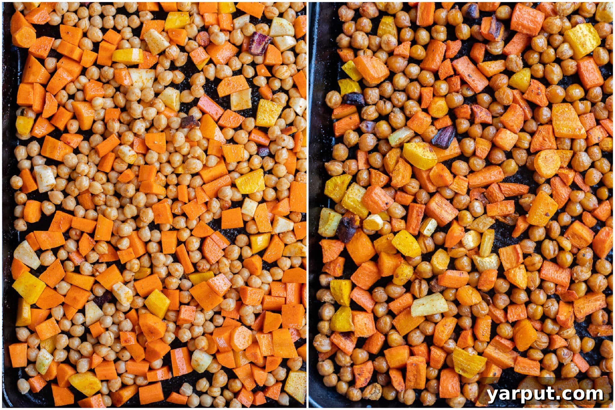 Caramelized Carrot Couscous Bowls with Zesty Tahini Drizzle 4 A side-by-side view of a baking sheet with diced carrots and chickpeas, showing them before and after being perfectly roasted to a golden, tender crispness.