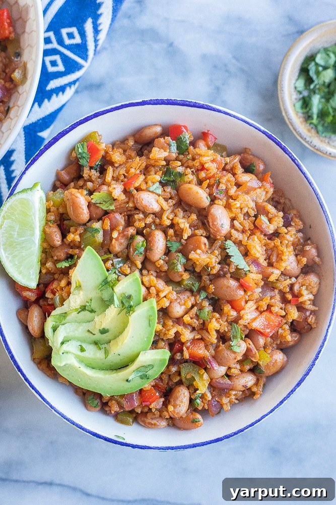 Effortless Vegetarian Meal Plan: Week 7 6 Colorful and hearty Easy Rice and Bean Stir-fry in a bowl, topped with fresh cilantro and a lime wedge.