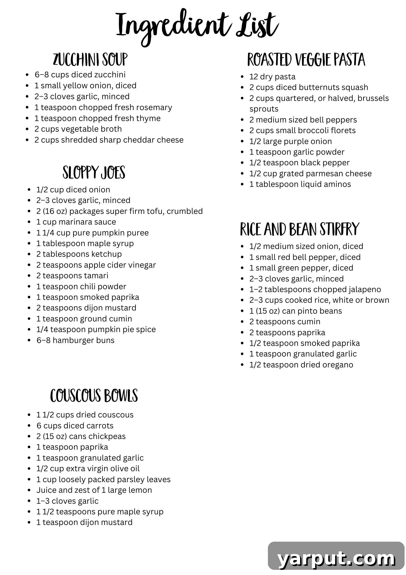 Effortless Vegetarian Meal Plan: Week 7 8 A clearly laid out, printable weekly ingredient list for vegetarian meal planning, showing sections for each recipe and quantities.