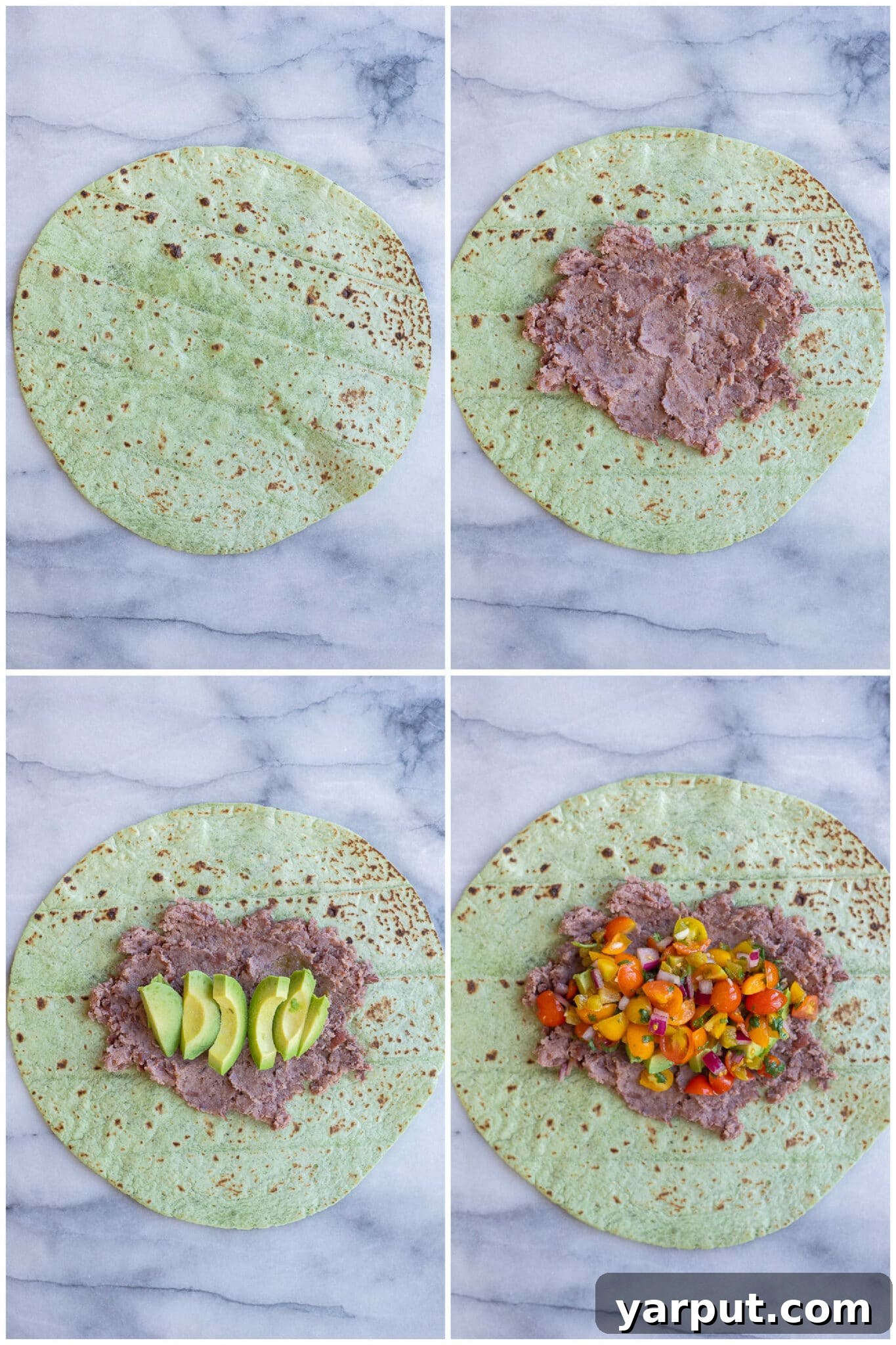 Crispy Black Bean Ranch Pinwheels 3 Step-by-step photos illustrating how to assemble crunchy black bean ranch wraps, showing ingredients being layered onto a tortilla.