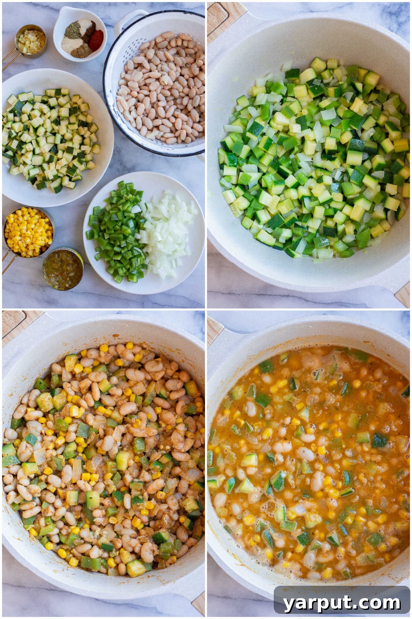 Summer Garden Zucchini White Bean Chili 3 A vibrant display of fresh ingredients laid out on a wooden board, including zucchini, corn, white beans, bell peppers, onions, garlic, and an assortment of spices, ready for making this easy vegetarian chili recipe.
