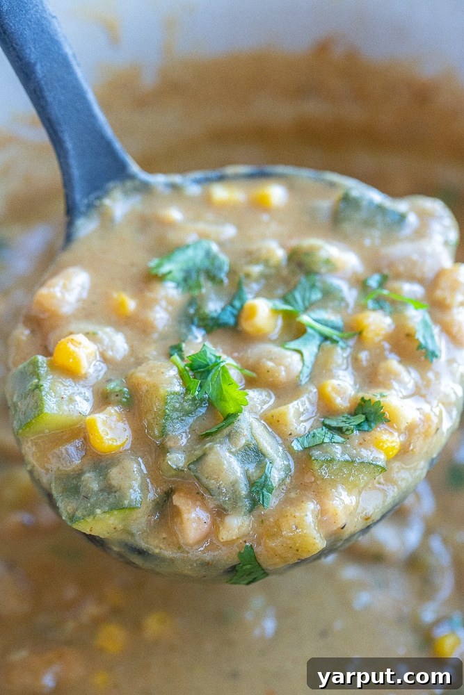Summer Garden Zucchini White Bean Chili 5 A soup ladle generously filled with hearty vegetarian white bean chili, steaming gently, ready to be served into a bowl.