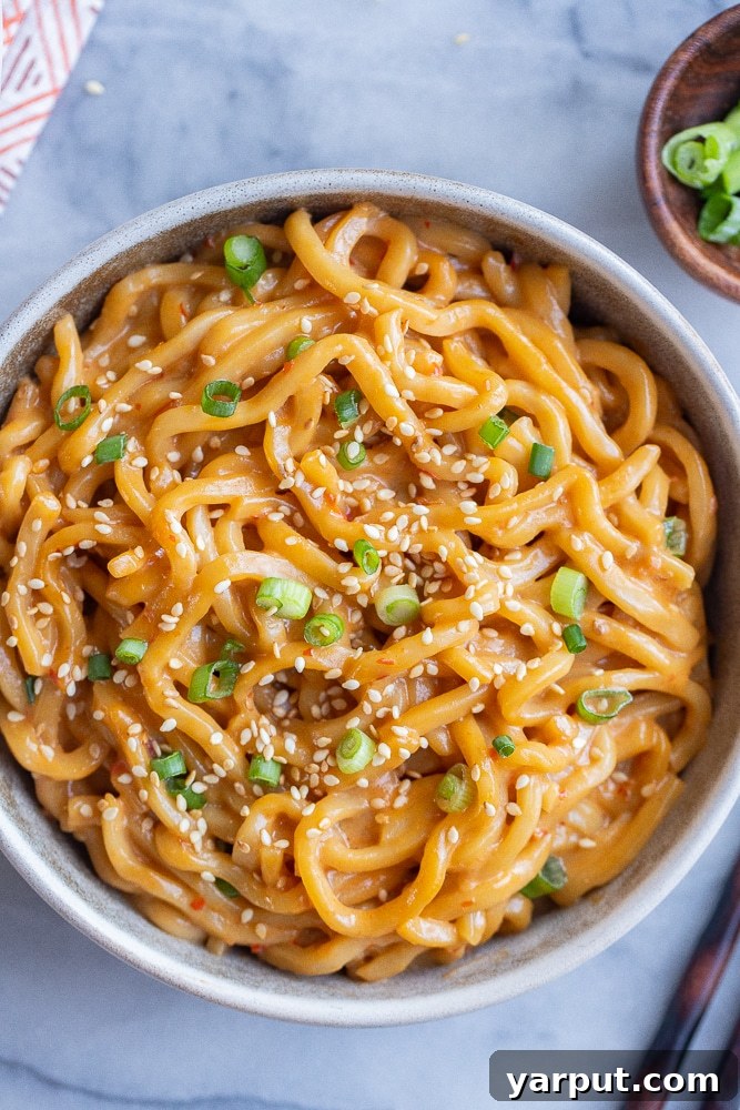 Vegan Dreamy Coconut Noodles 2 A beautifully arranged bowl of creamy coconut noodles, generously topped with fresh green onions and toasted sesame seeds, ready to be enjoyed as a wholesome vegan meal.