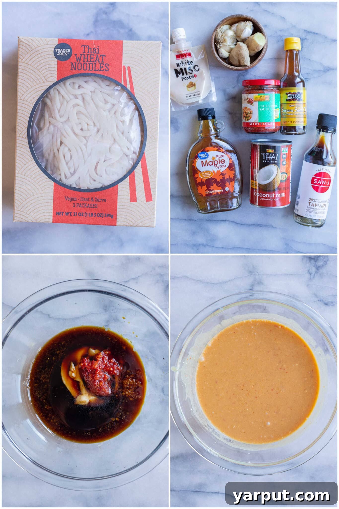 Vegan Dreamy Coconut Noodles 3 Essential ingredients for crafting creamy coconut noodles, including a can of full-fat coconut milk, tamari, maple syrup, miso paste, chili garlic sauce, toasted sesame oil, and a selection of Asian wheat noodles.