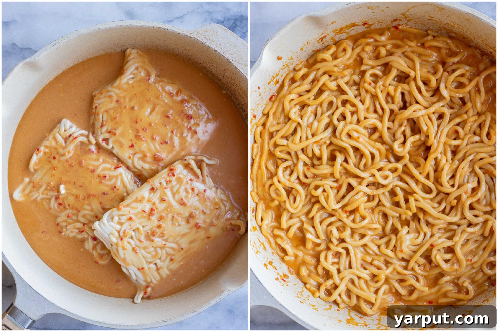 Vegan Dreamy Coconut Noodles 4 Step-by-step preparation of vegan creamy coconut noodles in a large saucepan, showing the noodles being coated with the rich, simmering sauce on a stovetop.