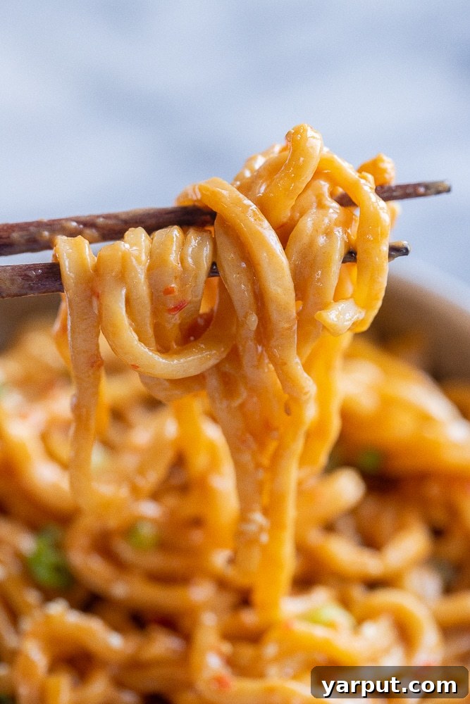 Vegan Dreamy Coconut Noodles 6 A close-up view of chopsticks lifting a generous portion of flavorful Asian-inspired creamy coconut noodles from a bowl, showcasing their inviting texture and rich coating.