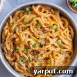A small image of the finished creamy coconut noodles, garnished with green onions, within the recipe card.