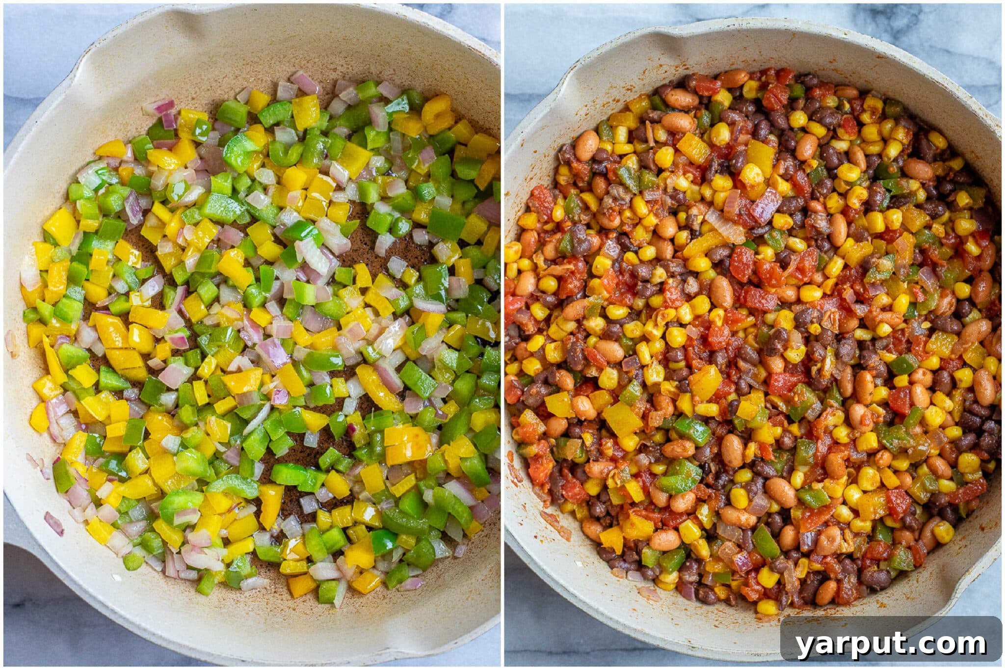 Fiesta Veggie Skillet Tacos 3 Step-by-step image showing how to prepare the sautéed vegetables and bean mixture for the vegetarian taco skillet recipe before adding cheese.