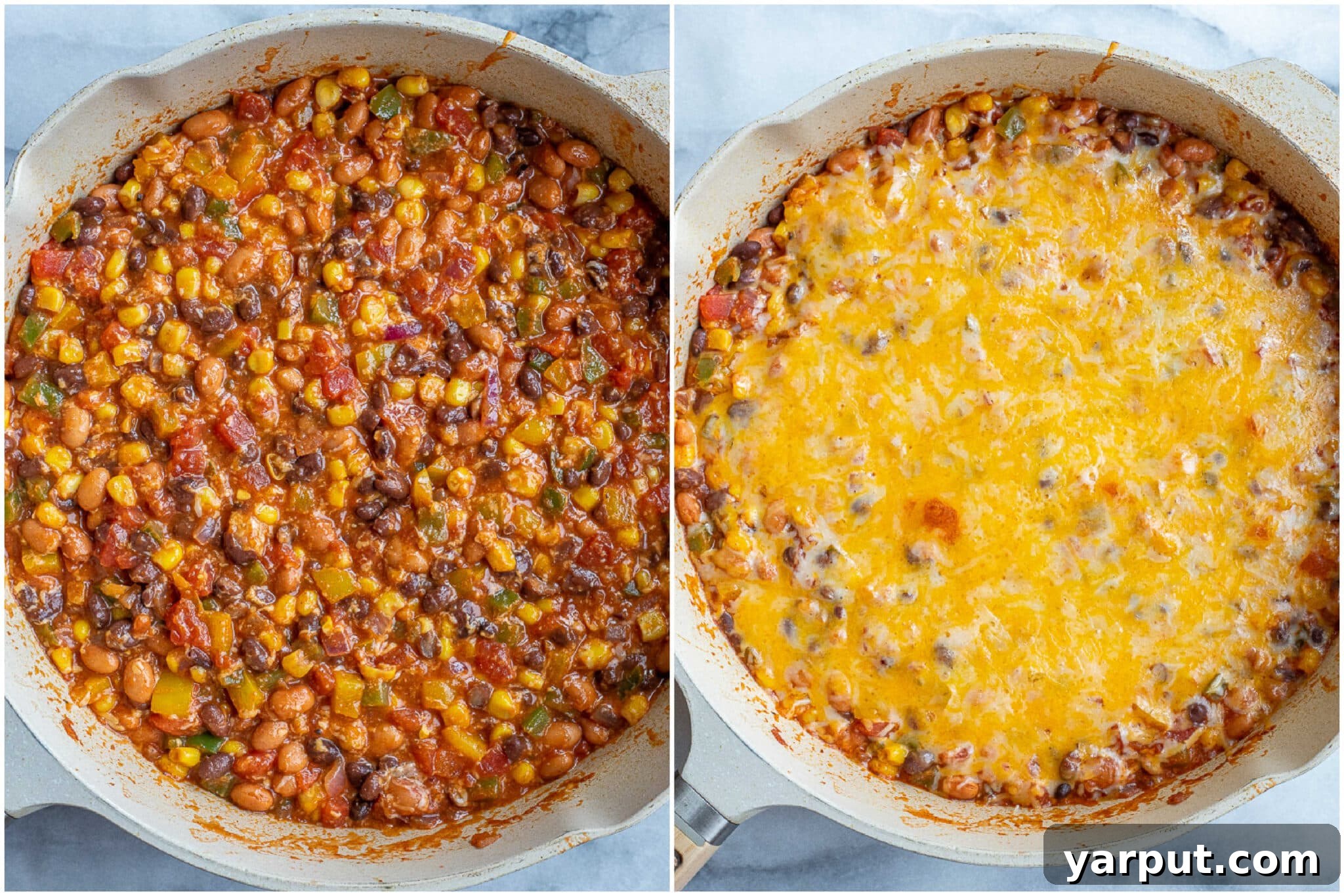 Fiesta Veggie Skillet Tacos 4 A visual comparison of the one-pot taco skillet before and after the cheese is melted on top, showcasing the transformation to a gooey, golden topping.