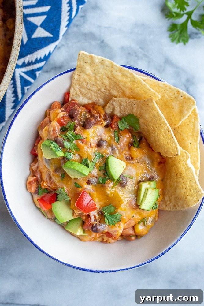 Fiesta Veggie Skillet Tacos 6 A hearty bowl of cheesy taco casserole, garnished with a few tortilla chips, showcasing its comforting and appetizing appeal.