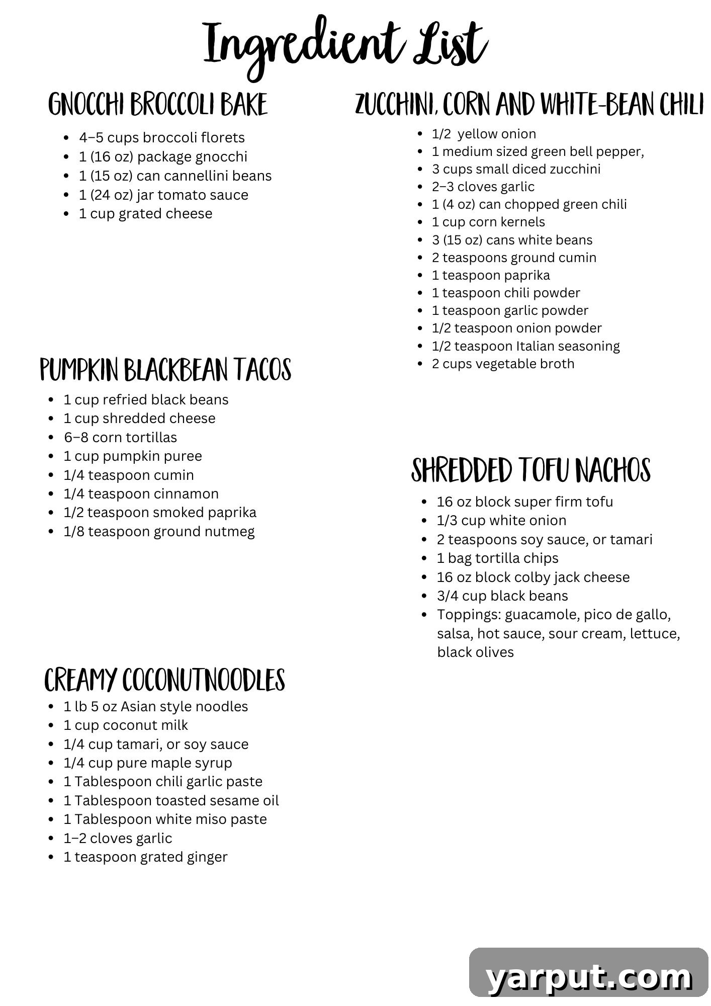 Printable shopping list for vegetarian meal plan